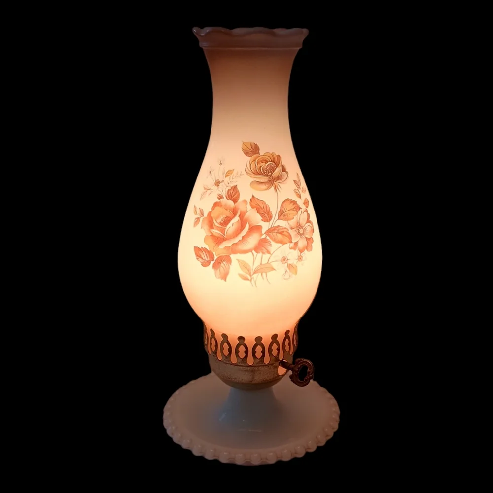 Milk Glass Hurricane Lamp Boudoir Bedside Table Light Floral Hobnail Edge Vtg. - Picture 2 of 16